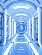 the futuristic image has been placed in a hallway, in the style of white and blue, greeble, tinkercore, adventurecore, minimalist backgrounds, luminous color palette, wlop