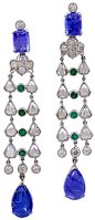 Rose Cut Tanzanite and Emerald Drop Earrings.    India, Contemporary.     Elegant Diamond Rosecut and Tanzanite Earrings with a touch of Emeralds 7.00 Tw Diamonds 14.00 Tanzanites. Via 1stdibs.