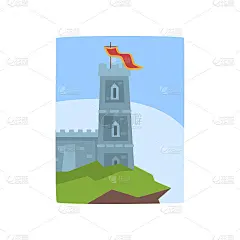 悬崖边的梦幻城堡。中世纪的城堡图标。历史建筑。风景与童话王国。平面矢量设计的邀请卡，书籍封面或海报