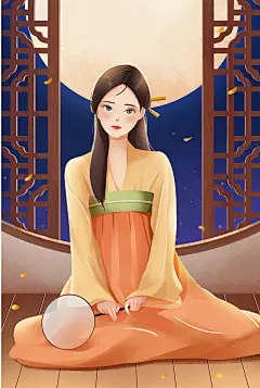 古风传统中秋节赏月汉服美女人物插画