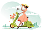 Girl on scooter kit8 flat vector illustration road summer woman scooter flower dress beautiful