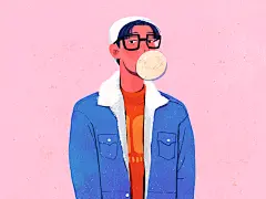 一名吹泡泡糖的男子，由 Uran Duo 在 Dribbble 上拍摄