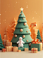 A green Christmas tree model in paper-cut style, with some gift boxes behind the model, a cute snowman on the side, and some snow on the ground, light amber background, paper-cut three-dimensional style, cute cartoon design, embossed paper --style bIRFZUF