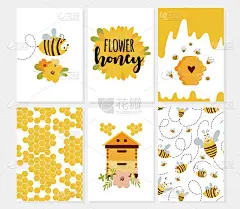 卡通,可爱的,绘画插图,蜜蜂,蜂箱,矢量,贺卡,熊,仅一朵花,文字