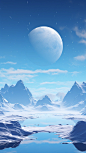 A snowy scene with some water and a planet behind it, in the style of realistic landscapes with soft edges, mountainous vistas, realistic blue skies, 20 megapixels, soft, romantic landscapes, magewave, detailed fantasy