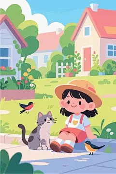 女孩与猫咪小鸟插画