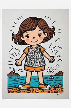 数字艺术插画版画海边女孩线条画扁平风装饰-众图网