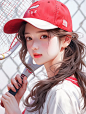 Midjourney｜今日是甜甜的运动女孩 内附咒语 - 小红书
☑️咒语：
The first half portrait, holding a racket, high-level photos, pure and cheerful girl, exquisite facial features, sunshine, red and white Baseball uniform, wearing a hat, sweet, relaxed, shiny, iron mesh background, f