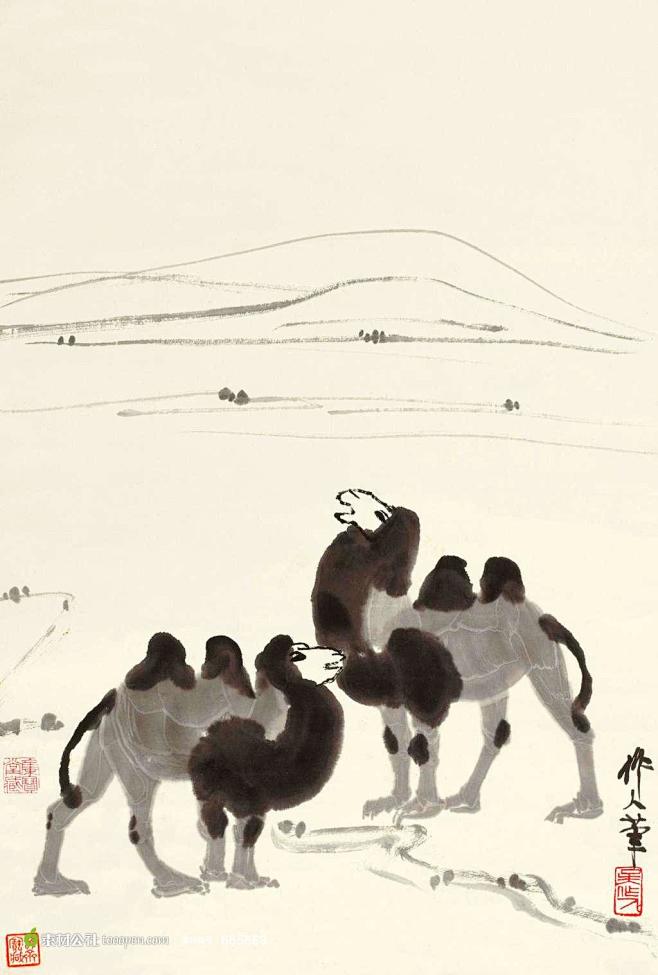 骆驼与沙漠毛笔画