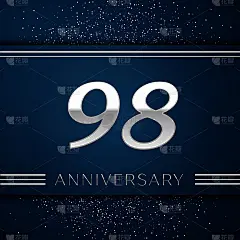 现实九十八周年庆典。蓝色背景上的银色数字和银色纸屑。彩色矢量模板元素为您的生日派对