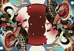 海浪艺妓日式手绘插画和风