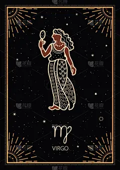 星座卡片。星座的背景。星座处女座。仿古风格。