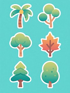 一组6个不同树木的扁平化插画，保持与原图一致的卡通风格，每个树木都有独特的形态特征：椰树、杨树、樟树、枫树、松树、柏树。统一采用纯色背景，整体色彩变换为清新明快的蓝绿色调。树木的枝干和树叶使用渐变色彩，边缘有清晰的轮廓线，细节处理简洁可爱。6个树木元素规整地排列成两行三列，形成一个和谐统一的系列素材集合。