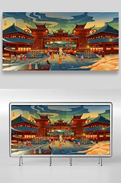 怀旧中国风唐人街手绘插画设计-众图网