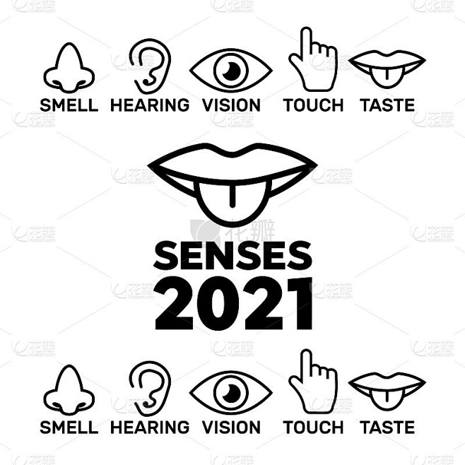 视觉，嗅觉，听觉，触觉，味觉矢量图标。五感图标组