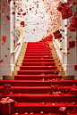 Confetti flowing down the stairs inside a red box, in the style of luxurious interiors, white and gold, piles/stacks, clean and simple designs, decorative borders, wrapped, felt creations