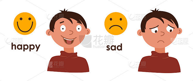 年轻的男孩心情好坏参半。情绪的变化，喜悦，悲伤。两个有着不同情感和表情符号的卡通人物。快乐,悲伤。反