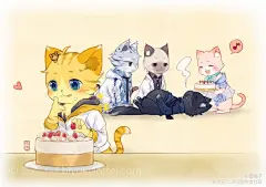 【恋与制作喵】
#恋与制作人# #喵化#
哈哈哈，李泽言生日蛋糕吃撑了，其他喵深表同情。
（来源:半次元 画师:雪蛾子）