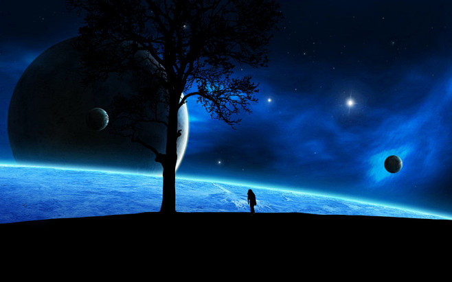 树影人星空桌面壁纸