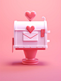 Imagine a super cute cartoon 3D mailbox: : 4, out of the mailbox wave pink love, sweet love of lovers, C4D rendering, realistic 3 d, the composition is simple, pure color background, ultra clear details,8K