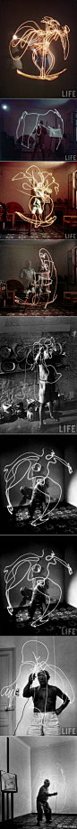 #光绘鼻祖毕加索#毕加索在1959年留下的光绘照片