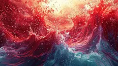 红色海水和彩色海水的碰撞产生强烈的水花展板