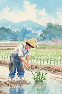 秧苗播种人物插画绘画