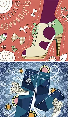 卡通插画风格鞋子、裤子矢量背景素材底纹背景|儿童插画|帆布鞋|高跟鞋|蝴蝶结|花纹|卡通插画|卡通矢量素材|裤子|凉鞋|商业插画|矢量素材|小木马|鞋子|印花图案|植物|装饰画
