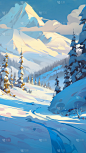 冬季冬天卡通感插画雪景场景背景图片素材
