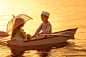 ，日出和日落，小船，男孩，小女孩，2 兩，傘，儿童，