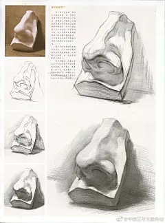 【 局部细讲丨鼻子刻画知识点梳理以及作画步骤，都是重点！】

在画鼻子的时候，大家都会注意到鼻翼在横向上的深浅变化，还要注意鼻翼交界线的饱和度，不要将交界线画直了，可纵向上从底面到最上方的深浅变化同样是塑造形体的关键。记住形体要想“鼓”起来，就必须从横向和纵向上去观察和表现。仔细看 ​​​​...展开全文c