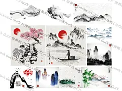 水墨山水国画矢量设计素材 手绘中国风水墨画源文件国画平面宣纸-淘宝网