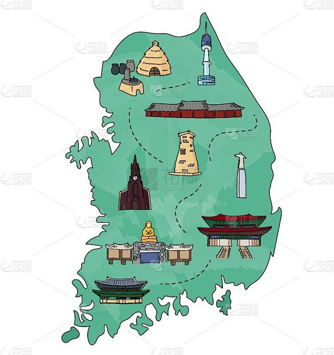 韩国轮廓涂鸦插图地图。韩国著名的地标、标志和建筑。