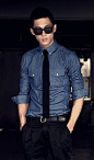 Korean Style Men Long Sleeve Skinny Dark Blue Jean Shirt 
