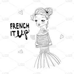 法国时尚插画与一个可爱的法国女孩
