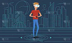 虚拟现实世界。一个穿着 Vr 耳机的男孩。男子用眼镜教育和玩电脑游戏。现代技术。仿真和便携小工具。网