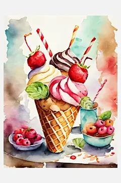 AI数字艺术美食甜品冰淇淋甜筒水彩插画-众图网