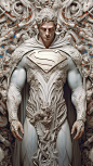 The epic portrait of Superman, dressed in white attire and adorned with gorgeous and surreal intricate details , wide-angle view , Half body composition , shinycinematic , artstation