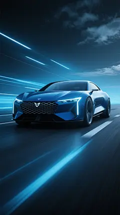 无文字汽车海报，超写实3D渲染，未来感概念轿车，深蓝色车身，锐利LED前大灯，蜂窝状进气格栅，正面视角，行驶于黑暗道路，动态速度线光效，深蓝色与黑色渐变背景，顶部少量云层，低角度仰拍，强烈光影对比，科技感氛围，高速运动感，中央构图，无任何文字元素