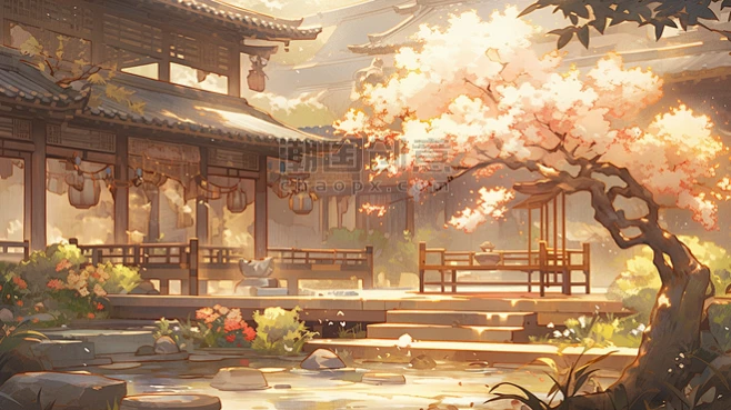 创意中式场景插画古风梦幻中式庭院国潮游戏场景-花瓣网