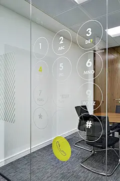 Meeting Rooms &gt;&gt; Glass Manifestations &gt;&gt; Want to phone a friend? These office meeting spaces at Goodyear Dunlop have glass walls and glass doors which have been playfully decorated with glass manifestations of an oversized phone dial pad graph