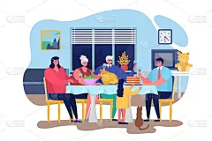 家庭,幸福,公寓,晚餐,矢量,绘画插图,卡通,人,相伴,庆祝