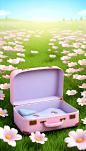 A-open-empty-pink-suitcase-on-the-wide-grass-surrounded-by-flowers--in-front-view--the-suitcase-is-empty-inside--with-sky-blue-background--in-the-cartoon-style--rendered-in-C4D--as-a-3D-scene-displayi (7)