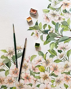 手绘花卉植物/粉色系/清新水彩插画/韩国插画师Yirang Kim绘画作品集/手帐素材/纸胶带素材