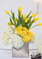 Vibrant yellow centerpiece, hydrangea, roses and tulips Gail's Favourites