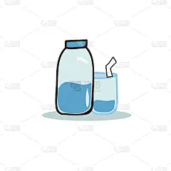 卡通瓶水和眼镜矢量插图。一杯水。