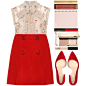 A fashion look from June 2017 featuring bow blouse, red wool skirt and red heel shoes. Browse and shop related looks.