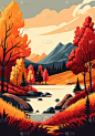 秋天的风景,有湖泊,高山和森林.矢量说明.