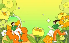 春天插画植物花草人物游玩扁平风格黄绿色系你好春天清新氛围插画
