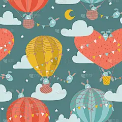 无缝图案与可爱的兔子在热气球。幼稚的动物，在繁星点点的幻想天空与云。平手绘矢量晚安和甜梦的概念。